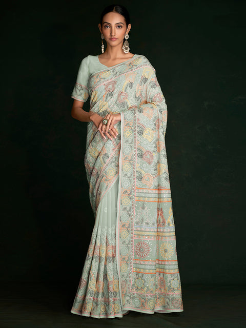 Stylish Sea Green Georgette Embroidered Saree With Unstitched Blouse Clothsvilla Main image