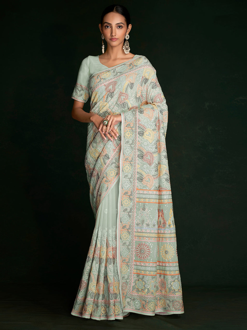 Stylish Sea Green Georgette Embroidered Saree With Unstitched Blouse Clothsvilla