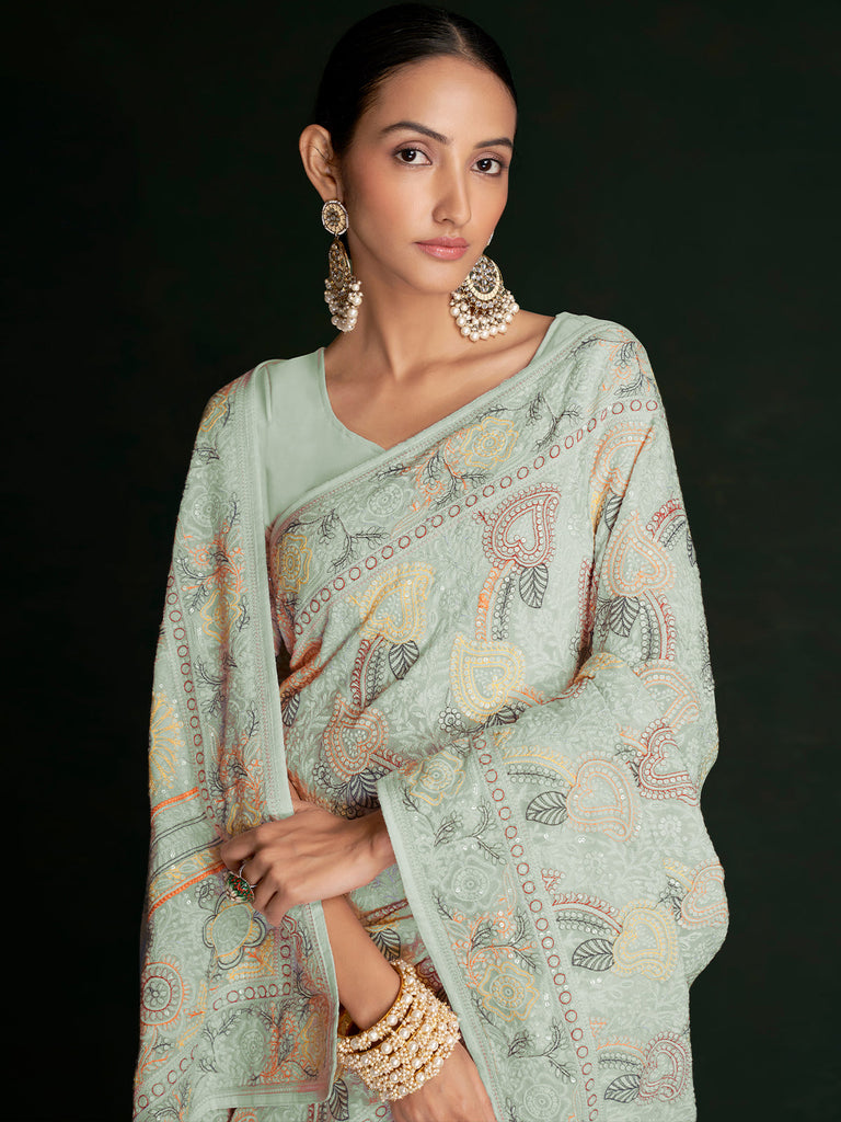 Stylish Sea Green Georgette Embroidered Saree With Unstitched Blouse Clothsvilla