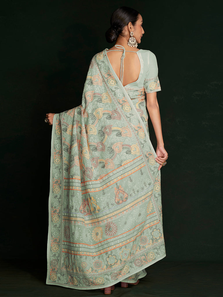 Stylish Sea Green Georgette Embroidered Saree With Unstitched Blouse Clothsvilla