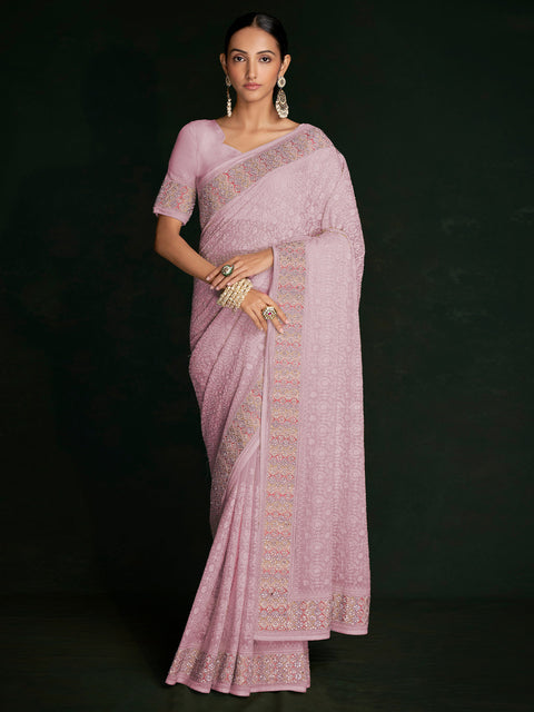 Modren Pink Georgette Embroidered Saree With Unstitched Blouse Clothsvilla Main image