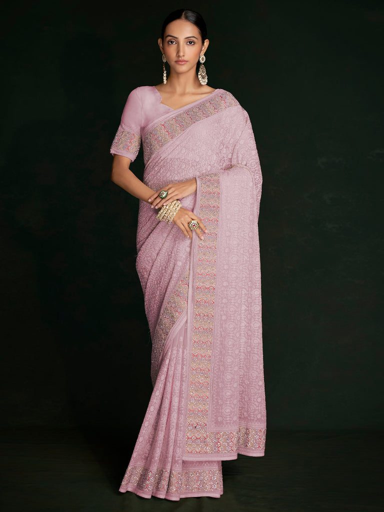 Modren Pink Georgette Embroidered Saree With Unstitched Blouse Clothsvilla