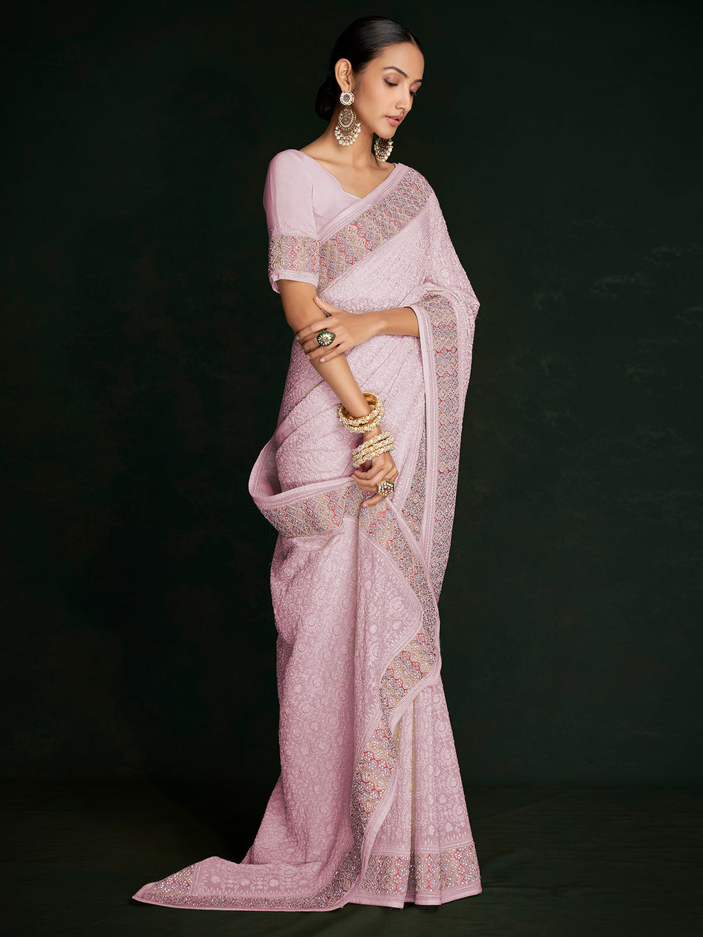 Modren Pink Georgette Embroidered Saree With Unstitched Blouse Clothsvilla