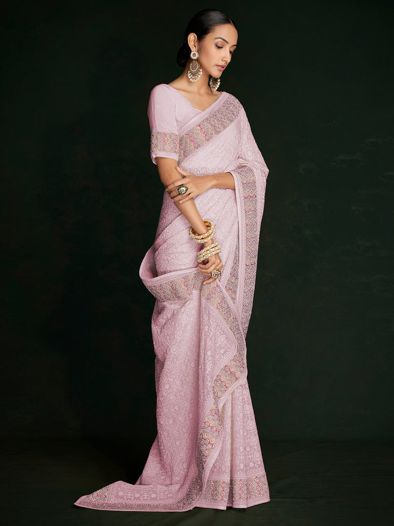 Modren Pink Georgette Embroidered Saree With Unstitched Blouse Clothsvilla