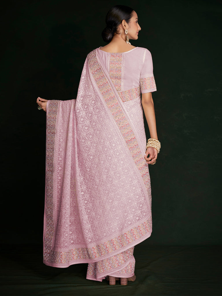 Modren Pink Georgette Embroidered Saree With Unstitched Blouse Clothsvilla