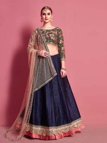 Dark Blue Embroidered Semi Stitched Lehenga With Unstitched Blouse Clothsvilla