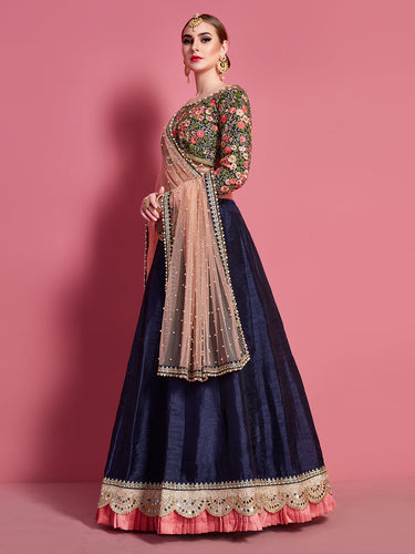 Dark Blue Embroidered Semi Stitched Lehenga With Unstitched Blouse Clothsvilla