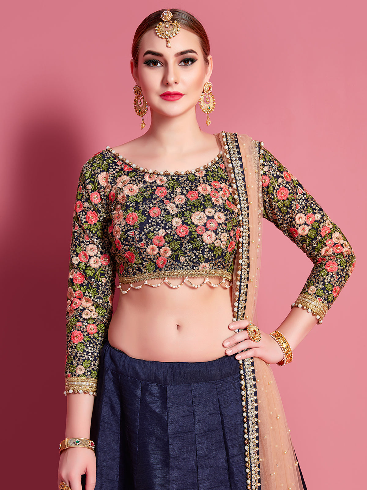 Dark Blue Embroidered Semi Stitched Lehenga With Unstitched Blouse Clothsvilla