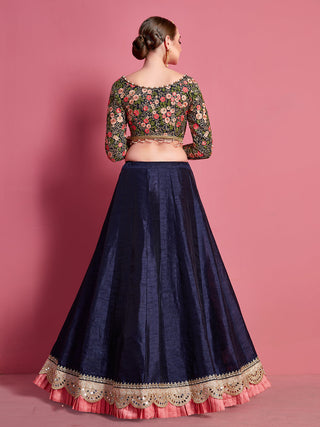 Dark Blue Embroidered Semi Stitched Lehenga With Unstitched Blouse Clothsvilla