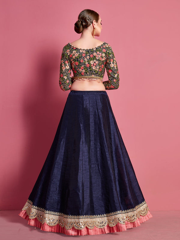 Dark Blue Embroidered Semi Stitched Lehenga With Unstitched Blouse Clothsvilla