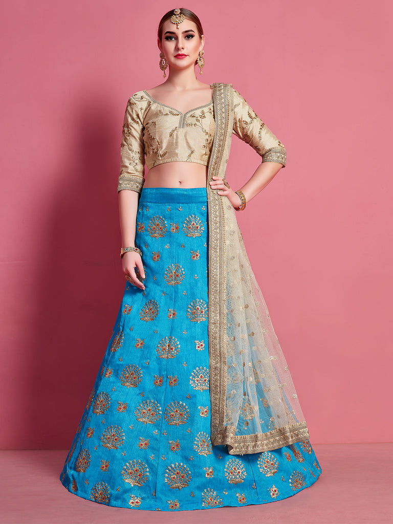 Sky Blue Embroidered Semi Stitched Lehenga With Unstitched Blouse Clothsvilla