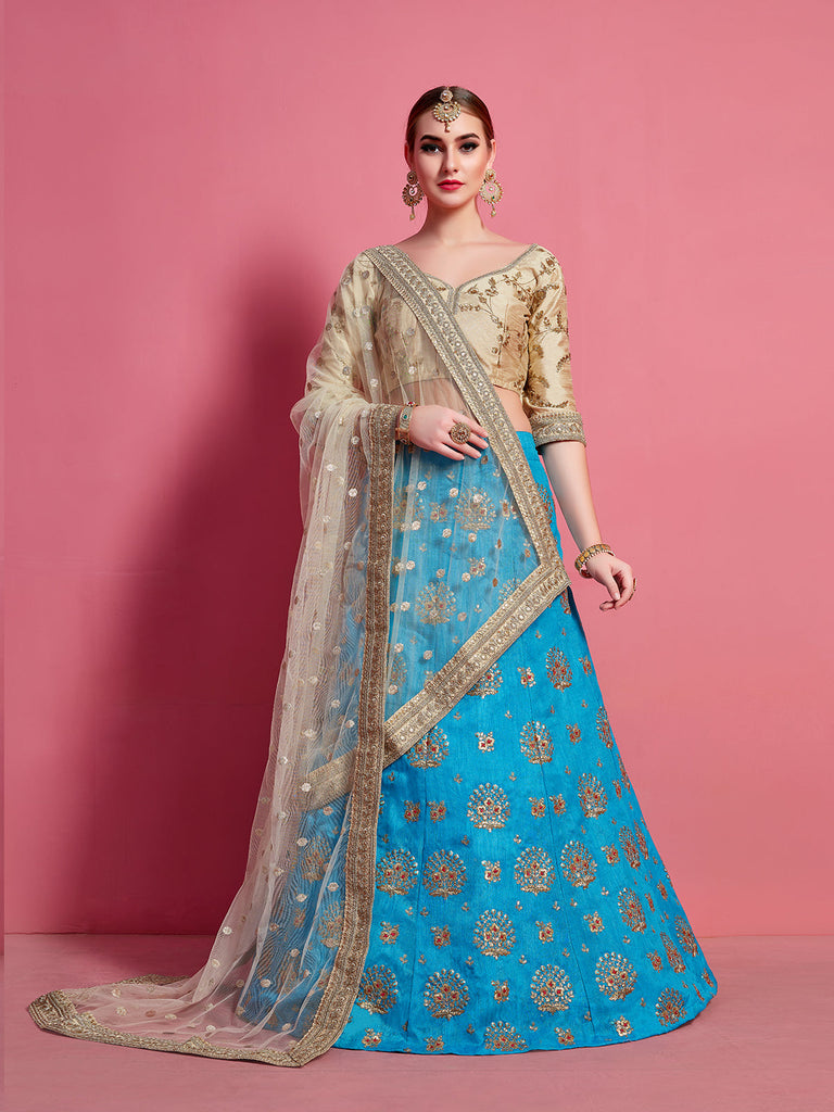 Sky Blue Embroidered Semi Stitched Lehenga With Unstitched Blouse Clothsvilla