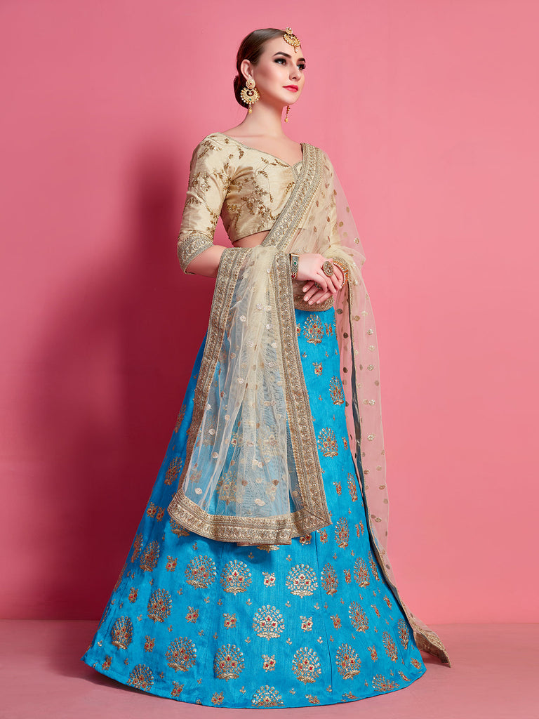 Sky Blue Embroidered Semi Stitched Lehenga With Unstitched Blouse Clothsvilla