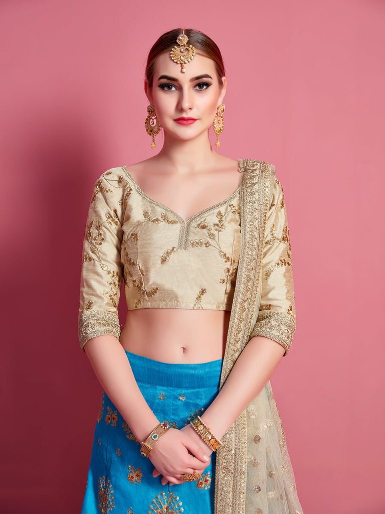 Sky Blue Embroidered Semi Stitched Lehenga With Unstitched Blouse Clothsvilla