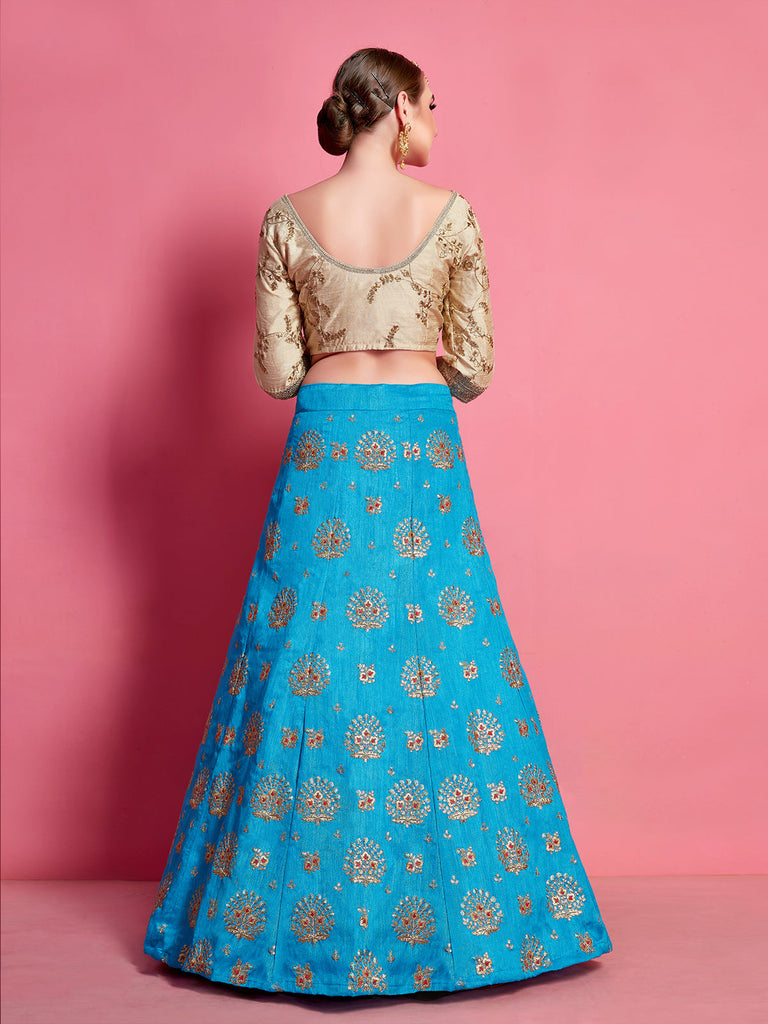 Sky Blue Embroidered Semi Stitched Lehenga With Unstitched Blouse Clothsvilla