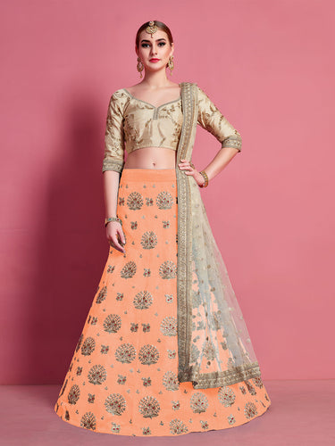 Orange Embroidered Semi Stitched Lehenga With Unstitched Blouse Clothsvilla