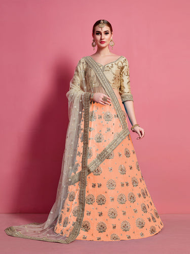 Orange Embroidered Semi Stitched Lehenga With Unstitched Blouse Clothsvilla