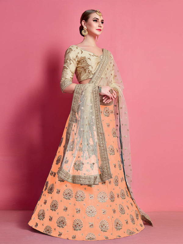 Orange Embroidered Semi Stitched Lehenga With Unstitched Blouse Clothsvilla