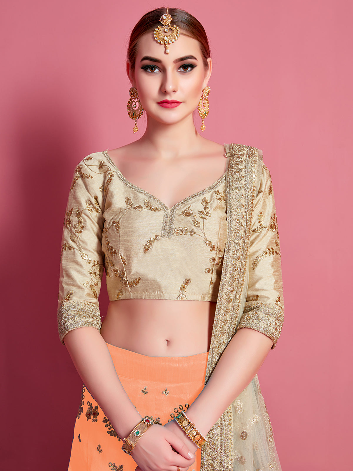 Orange Embroidered Semi Stitched Lehenga With Unstitched Blouse Clothsvilla