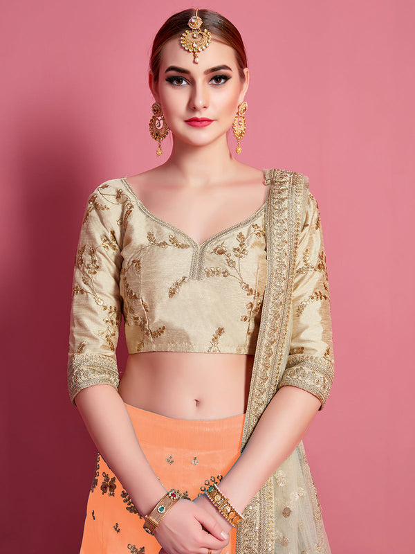 Orange Embroidered Semi Stitched Lehenga With Unstitched Blouse Clothsvilla