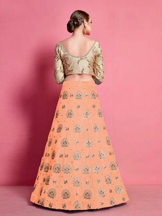 Orange Embroidered Semi Stitched Lehenga With Unstitched Blouse Clothsvilla