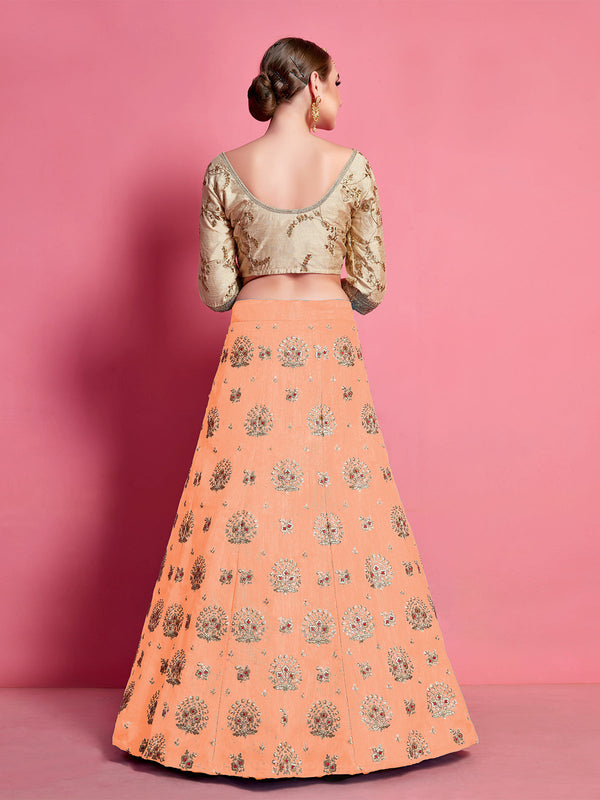 Orange Embroidered Semi Stitched Lehenga With Unstitched Blouse Clothsvilla