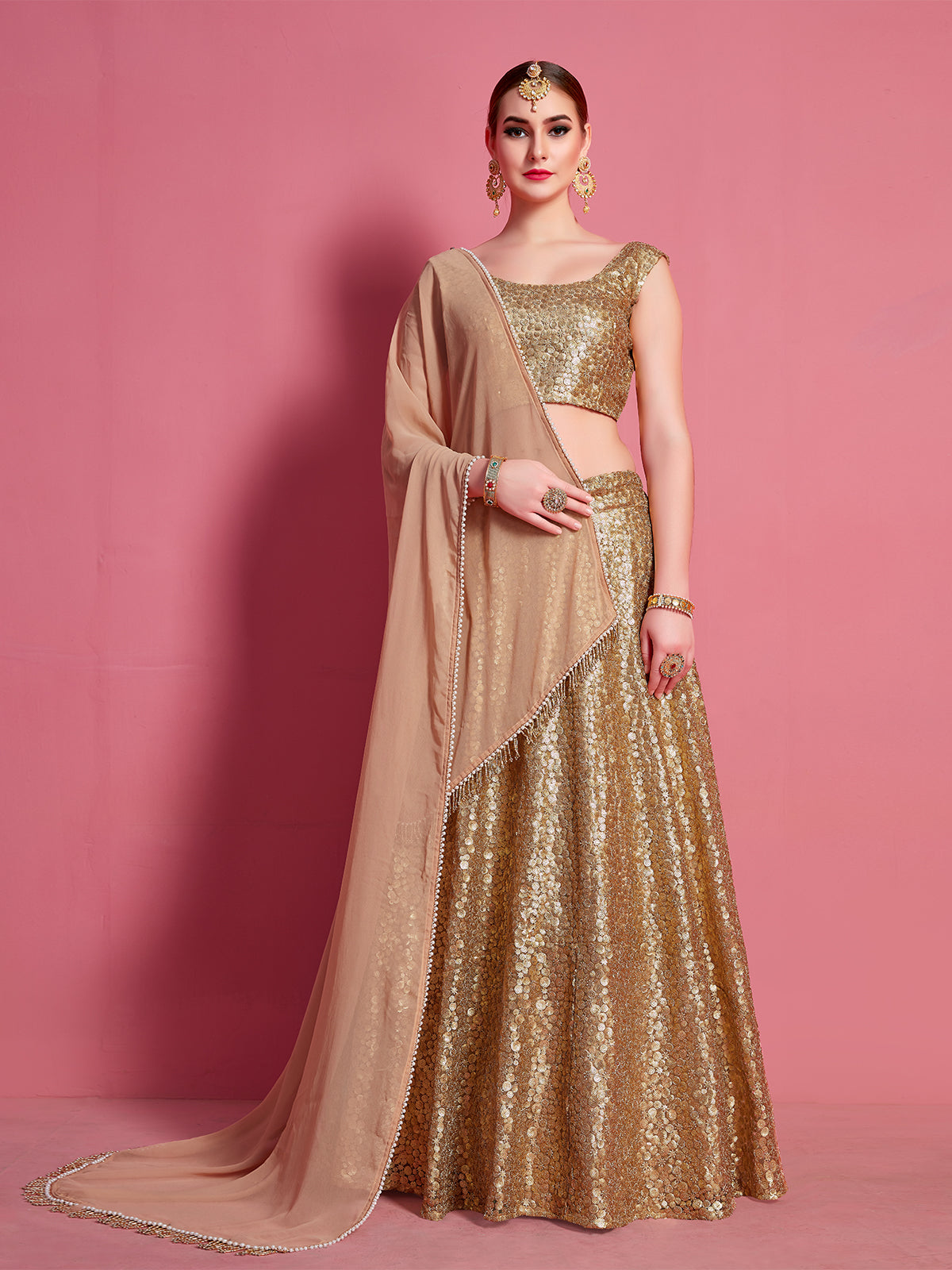 Golden Soft Net Semi Stitched Lehenga With Unstitched Blouse Clothsvilla Main image