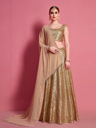 Golden Soft Net Semi Stitched Lehenga With Unstitched Blouse Clothsvilla