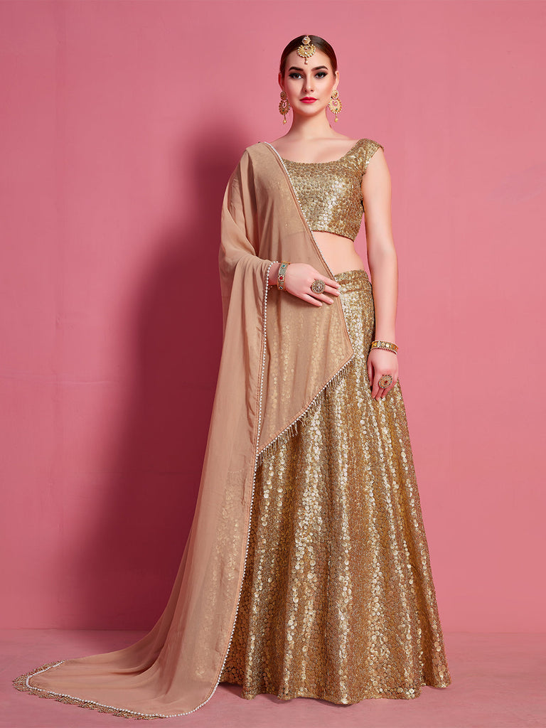 Golden Soft Net Semi Stitched Lehenga With Unstitched Blouse Clothsvilla