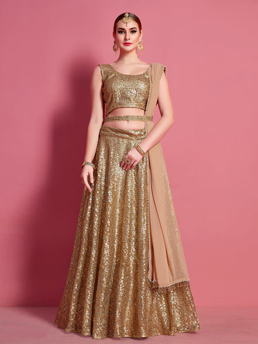 Golden Soft Net Semi Stitched Lehenga With Unstitched Blouse Clothsvilla