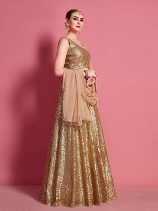 Golden Soft Net Semi Stitched Lehenga With Unstitched Blouse Clothsvilla