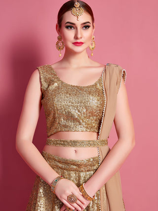 Golden Soft Net Semi Stitched Lehenga With Unstitched Blouse Clothsvilla