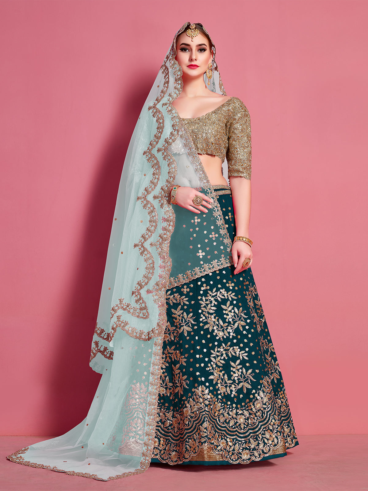 Teal Embroidered Semi Stitched Lehenga With Unstitched Blouse Clothsvilla Main image