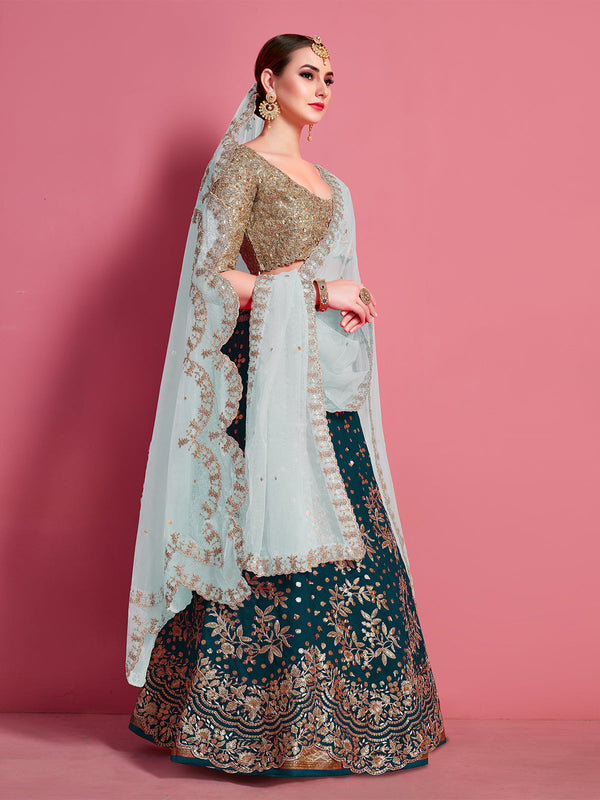 Teal Embroidered Semi Stitched Lehenga With Unstitched Blouse Clothsvilla