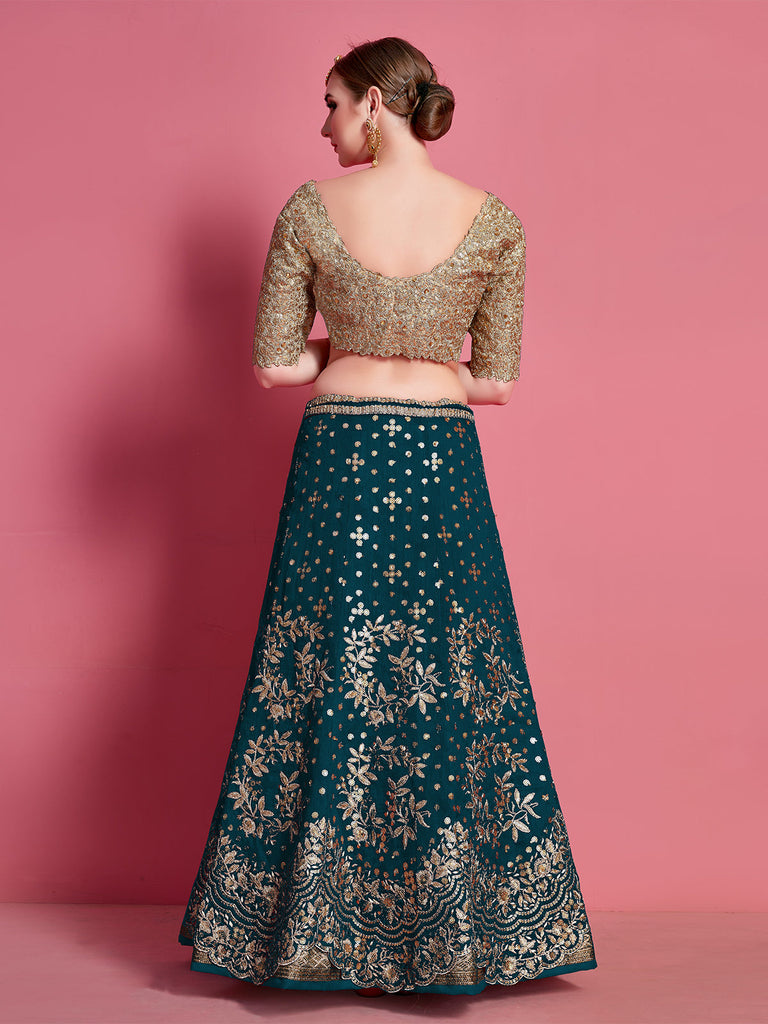 Teal Embroidered Semi Stitched Lehenga With Unstitched Blouse Clothsvilla