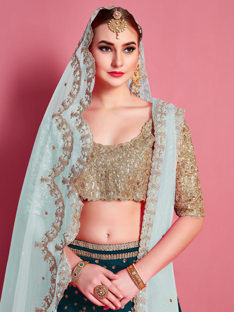 Teal Embroidered Semi Stitched Lehenga With Unstitched Blouse Clothsvilla