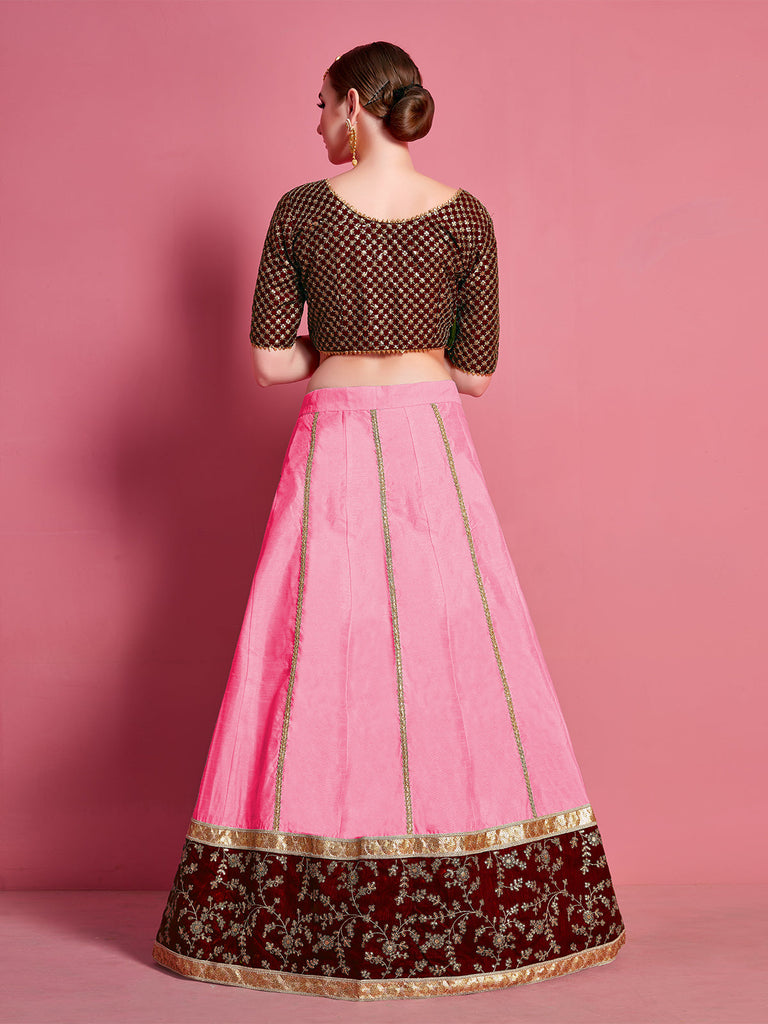 Pink Embroidered Semi Stitched Lehenga With Unstitched Blouse Clothsvilla