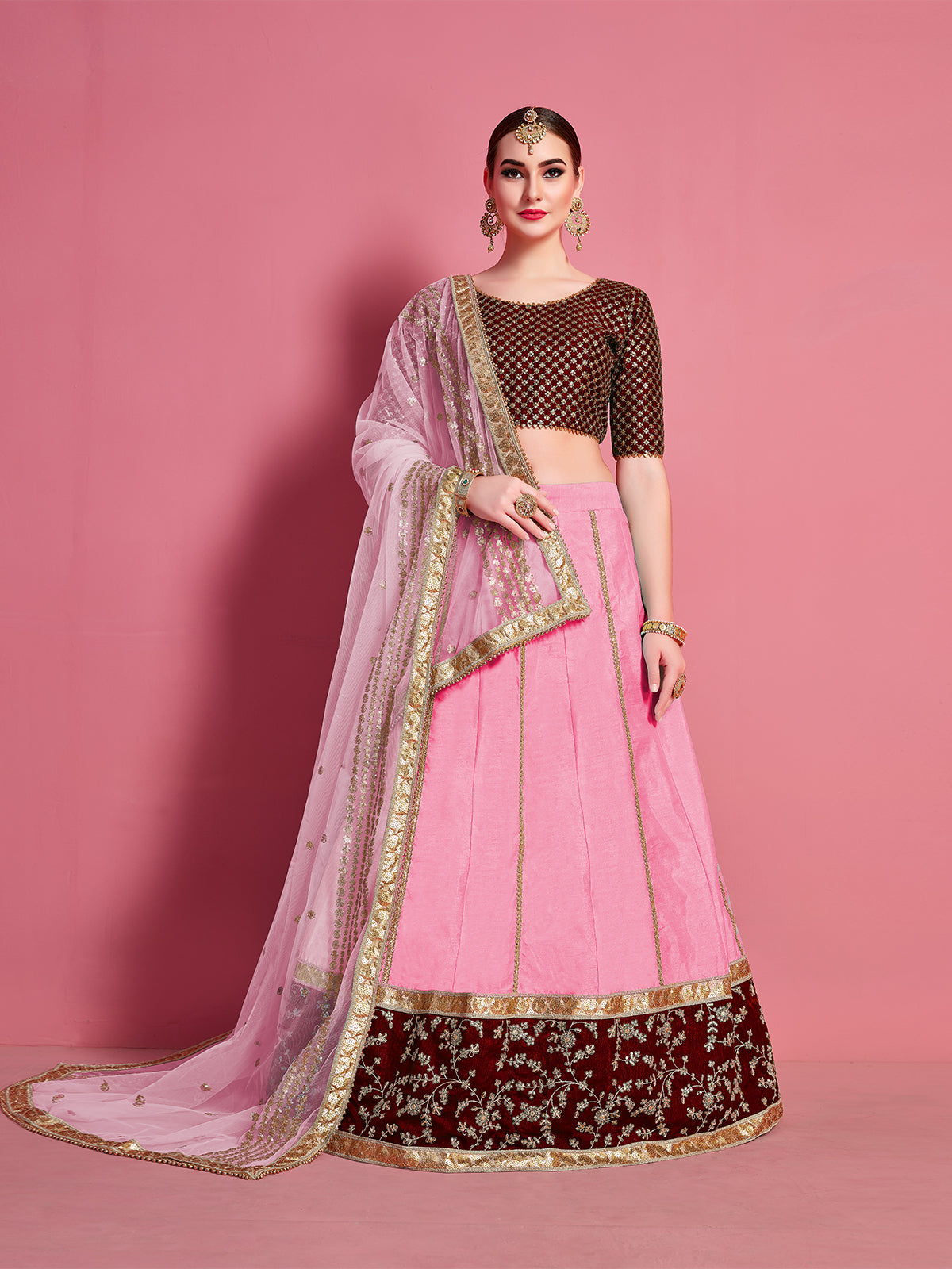Pink Embroidered Semi Stitched Lehenga With Unstitched Blouse Clothsvilla Main image
