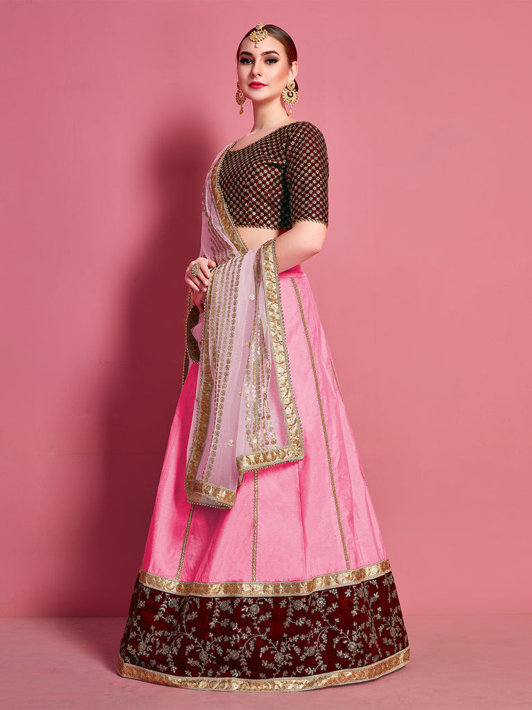 Pink Embroidered Semi Stitched Lehenga With Unstitched Blouse Clothsvilla
