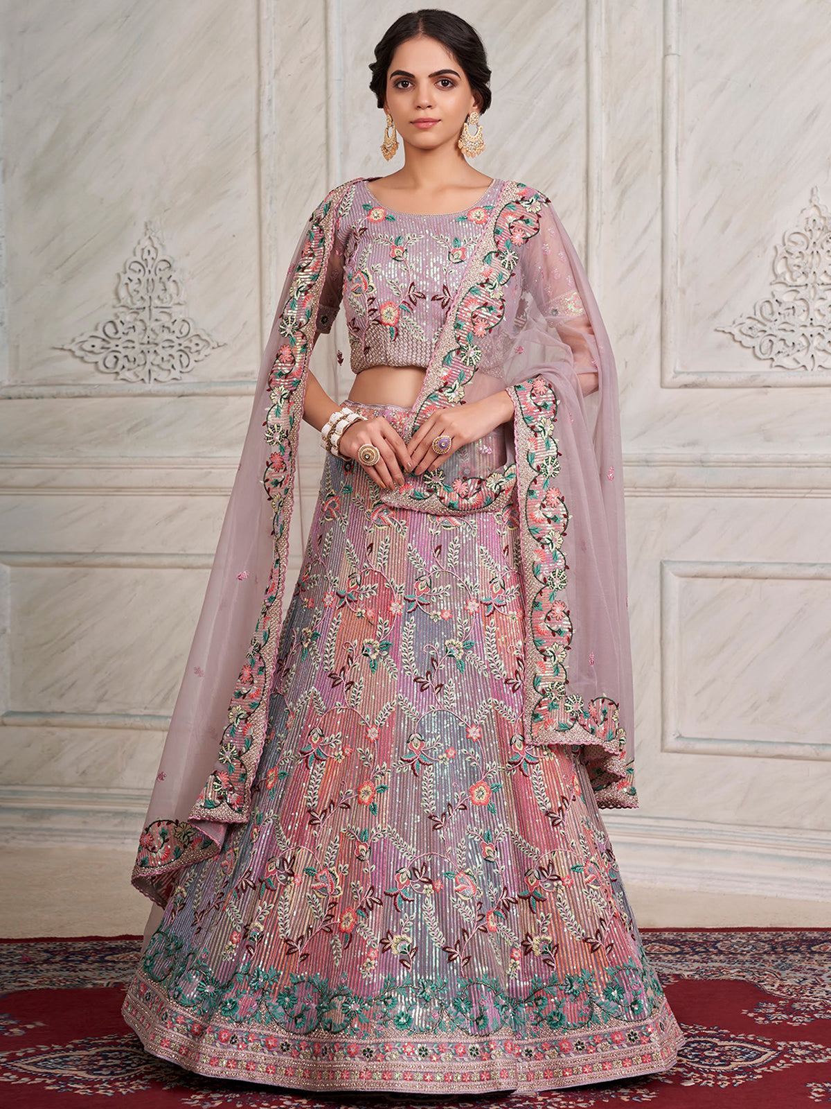 Women's Lilac Net  Semi stitched Lehenga With Unstitched Blouse Clothsvilla Main image