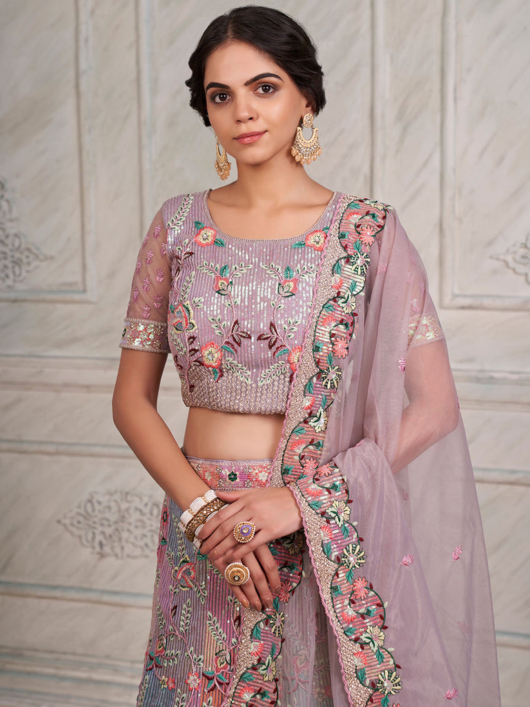 Women's Lilac Net  Semi stitched Lehenga With Unstitched Blouse Clothsvilla