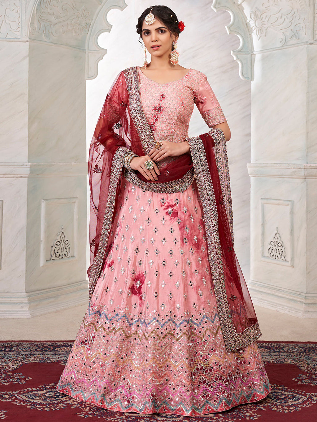 Women's Peach Silk  Semi stitched Lehenga With Unstitched Blouse Clothsvilla