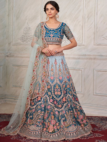 Women's Blue Net  Semi stitched Lehenga With Unstitched Blouse Clothsvilla