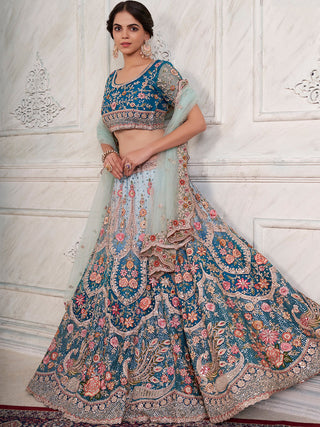 Women's Blue Net  Semi stitched Lehenga With Unstitched Blouse Clothsvilla