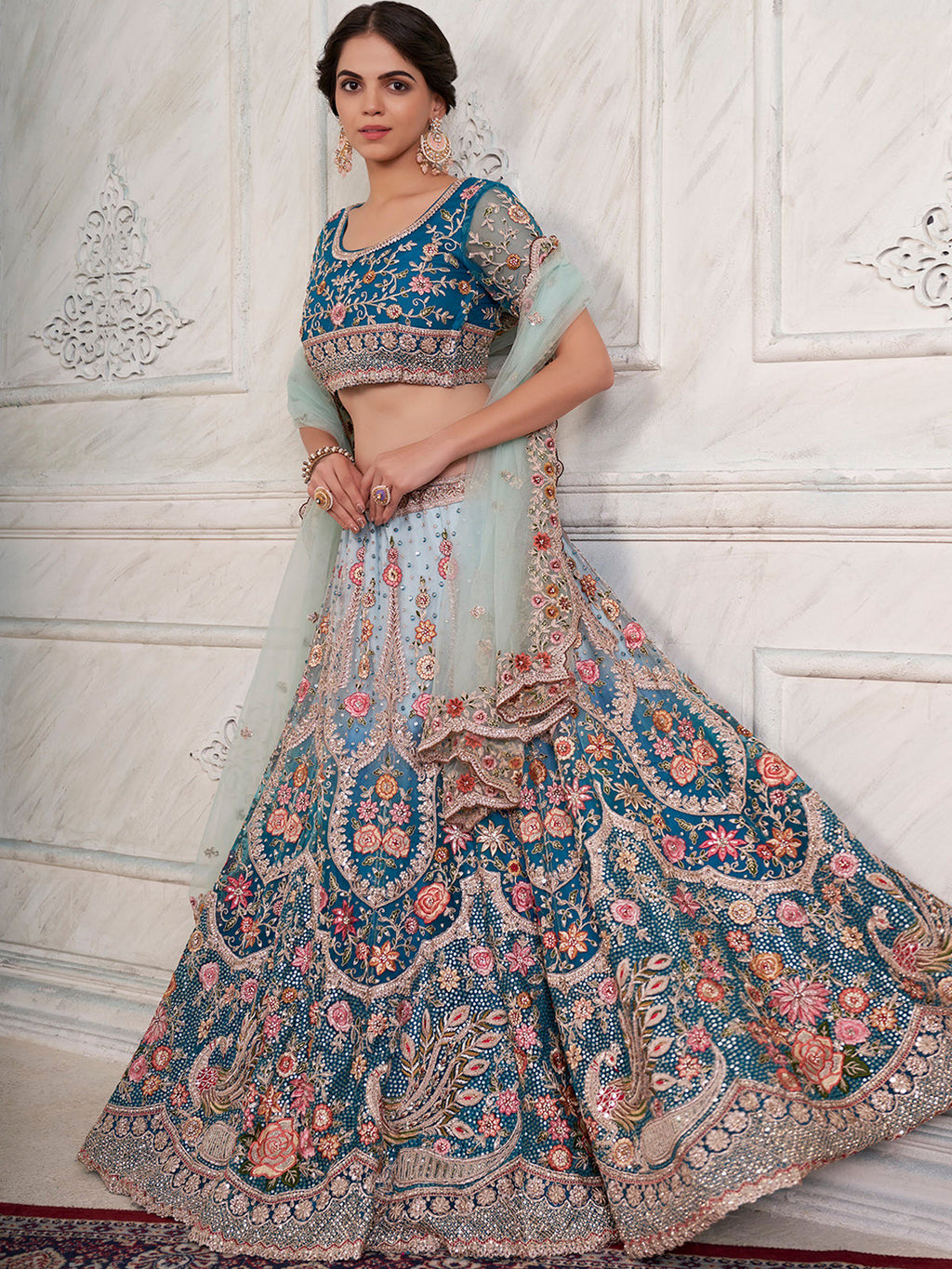 Women's Blue Net  Semi stitched Lehenga With Unstitched Blouse Clothsvilla