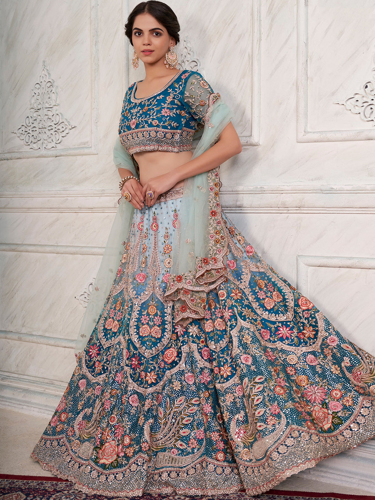Women's Blue Net  Semi stitched Lehenga With Unstitched Blouse Clothsvilla