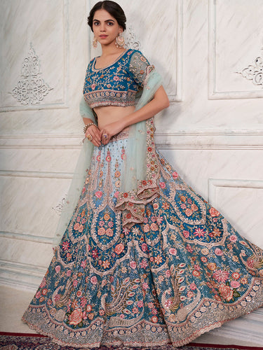 Women's Blue Net  Semi stitched Lehenga With Unstitched Blouse Clothsvilla