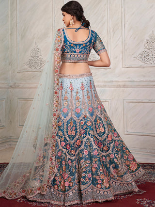 Women's Blue Net  Semi stitched Lehenga With Unstitched Blouse Clothsvilla