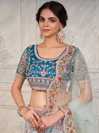 Women's Blue Net  Semi stitched Lehenga With Unstitched Blouse Clothsvilla