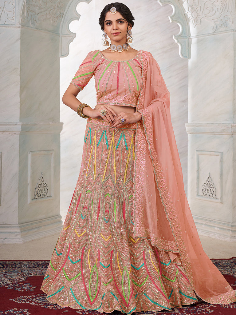 Women's Peach Net Semi stitched Lehenga With Unstitched Blouse Clothsvilla